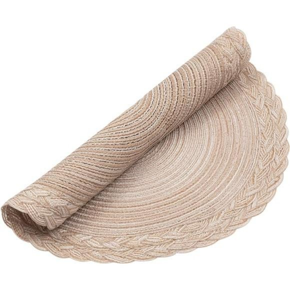 Round Placemats Set of 6 Woven Braided Border Table Mats  15 inch, Beige - Picture 7 of 7